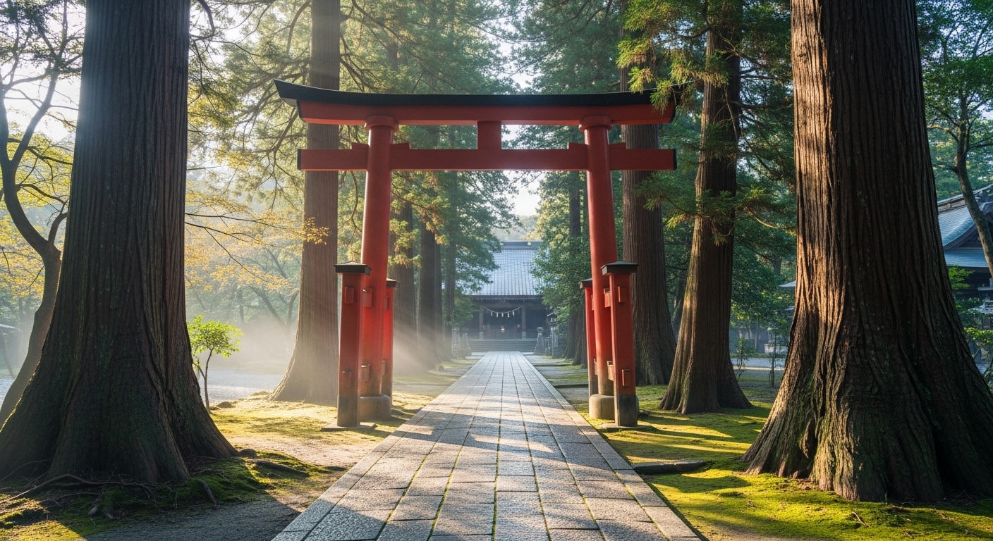 神社へと続く静かな参道。朱色の鳥居が神聖な空間への入り口を示している。木漏れ日が差し込み、穏やかで清らかな雰囲気。