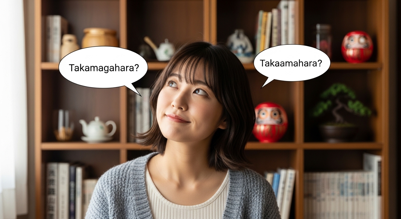 「たかまがはら？」「たかあまはら？」と書かれた2つの吹き出しの間で、少し首をかしげて考え込む親しみやすい雰囲気の若い日本人女性。背景は、本棚や和風の小物がある知的ながらも柔らかい雰囲気の部屋。表情は困っているというよりは「どっちだっけ？」と知的好奇心を持っているポジティブなイメージ。