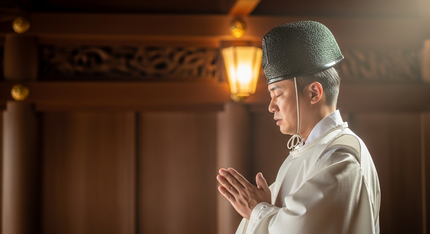 神社の拝殿で、白装束をまとった神職(日本人)が祝詞を奏上している厳かなシーン。横顔で、真摯な表情がうかがえる。背景には神殿の美しい木目が見え、神聖な空気が流れている。
