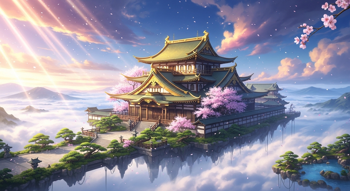 日本神話のイメージ。雲海の上に浮かぶ壮大な和風の宮殿。幻想的で美しい光が差し込み、神々しい雰囲気が漂っている。高天原の壮大さが伝わる風景。
