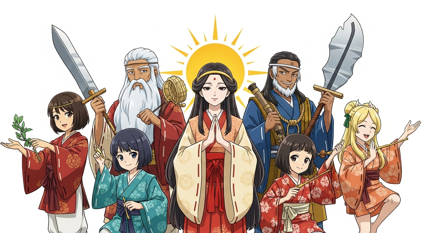 日本神話の主要な神々が、親しみやすいアニメキャラクター風のイラストで集合している。中央には太陽を背にした慈悲深い表情のアマテラス。その隣にはクールな表情のツクヨミと、少しやんちゃな顔をしたスサノオ。周りには、知的な雰囲気のオモイカネや、楽しそうに踊るアメノウズメなどが描かれ、それぞれのキャラクターが一目でわかる。「高天原の神様たち」というテーマが楽しく伝わる、明るくカラフルな雰囲気。