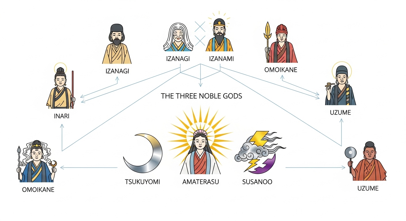 日本神話の神々の関係図。中心に太陽のマークと共にアマテラス、その横に月のマークとツクヨミ、少し離れて嵐のマークとスサノオを描き、彼らが「三貴神」であることを示す。シンプルでおしゃれなイラスト風。