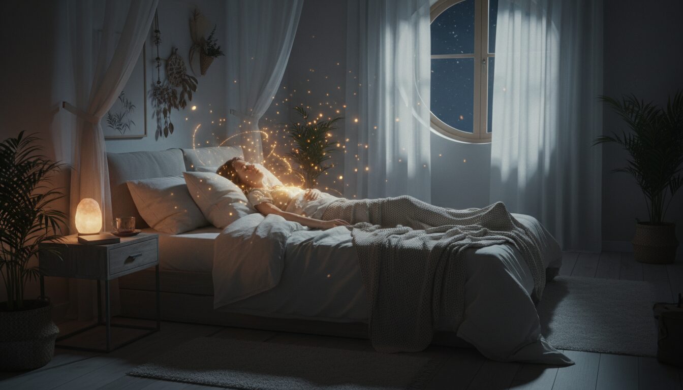 寝る前にリラックスして穏やかな表情で横たわる人物と、ポジティブなエネルギーをイメージした光の粒子