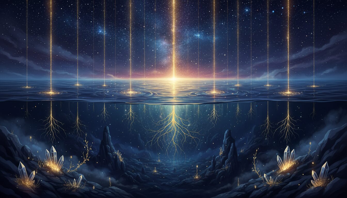 潜在意識をイメージした穏やかな海と、星明かりのように降り注ぐポジティブな言葉のエネルギー