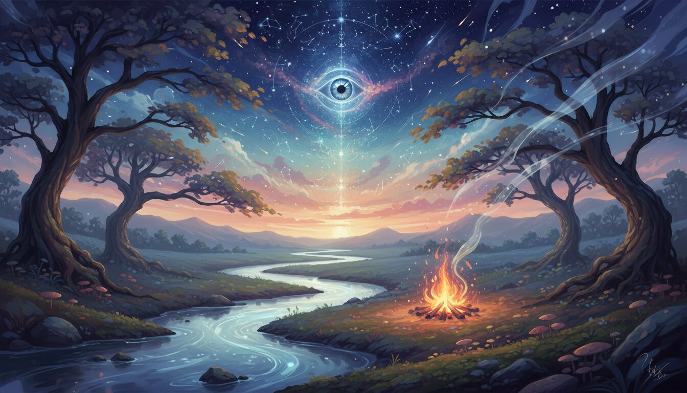 自然の四大元素（風、川、火、土）が調和し、すべてを浄化する静かな夕暮れの風景