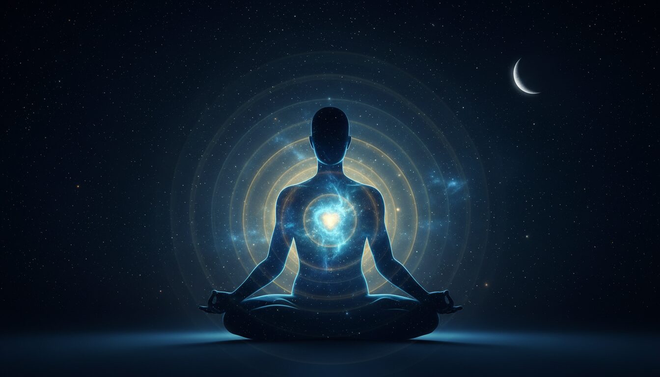 呼吸法によって心身が浄化され、内側から光り輝くエネルギーの波が広がっているイメージ