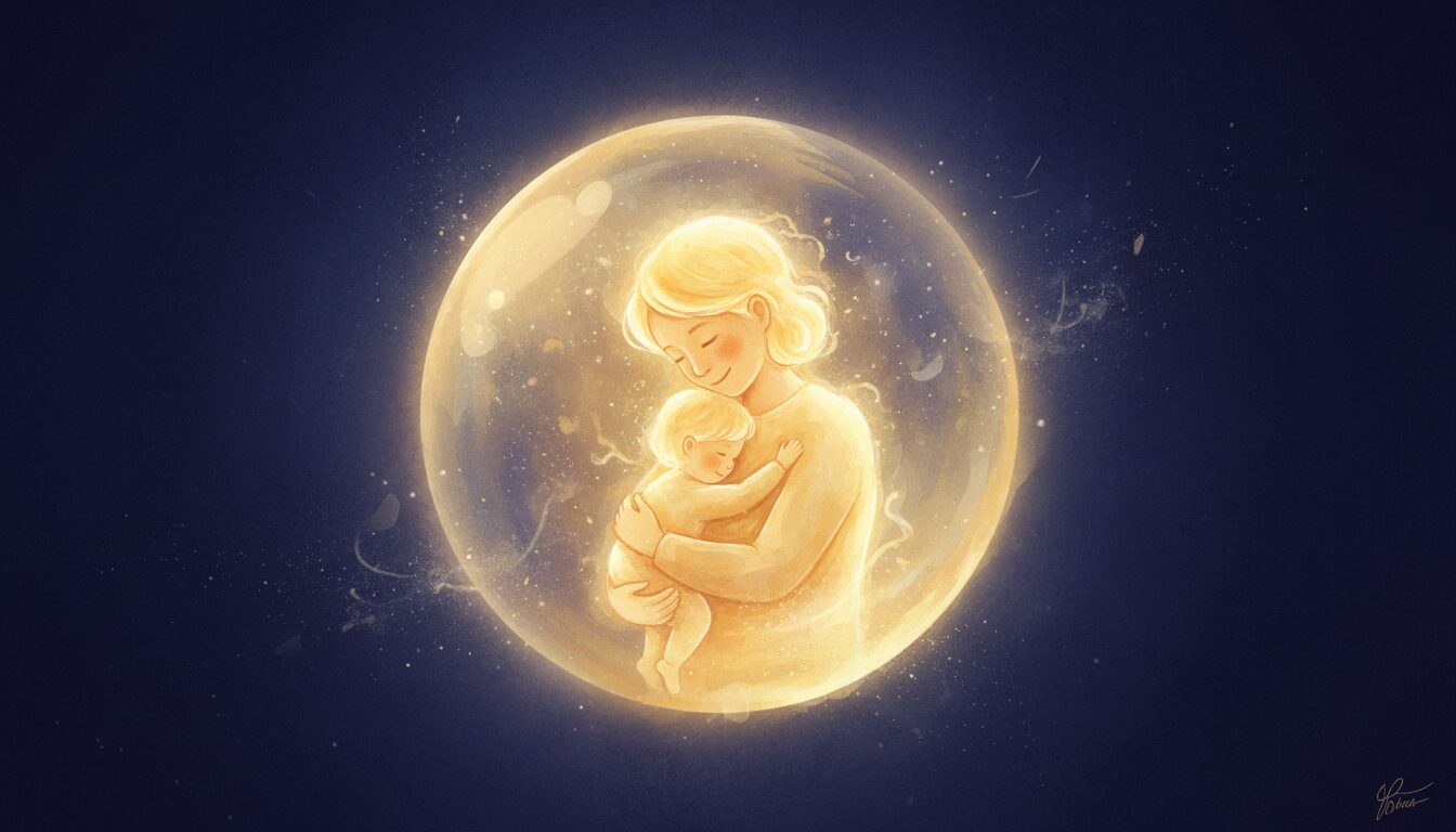 現在の自分が幼い頃の自分（インナーチャイルド）を優しく抱きしめ、深い安心感を与えている癒やしのイメージ