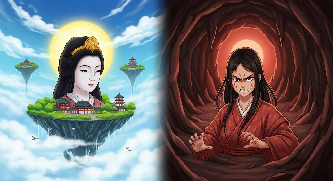 画面が左右に分割された対比的なイラスト。左側には、光り輝く雲の上に神殿が浮かぶ「高天原」を背景に、慈愛に満ちた表情の天照大御神（美しい日本人女性）。右側には、暗く荒涼とした洞窟のような「黄泉の国」を背景に、変わり果てた姿で怒りの表情を浮かべるイザナミ。日本の神話における「生と死」「光と闇」の対極的な世界観を一枚で表現する