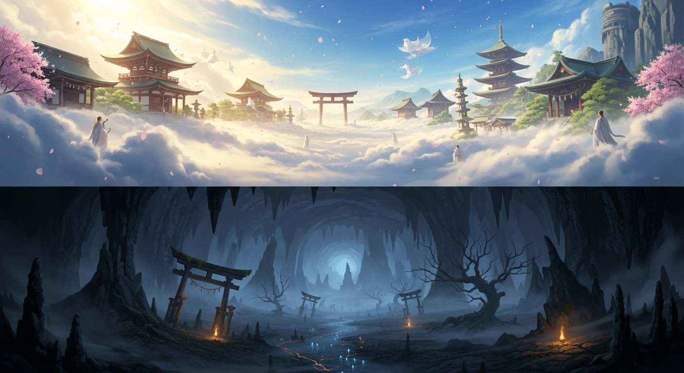画面が上下に二分割されている。上半分は、光り輝く雲の上に日本の神殿が立ち並ぶ「高天原」。下半分は、暗く、霧が立ち込める洞窟のような荒涼とした地下世界「黄泉の国」。光と闇の対比を鮮やかに表現したイラスト