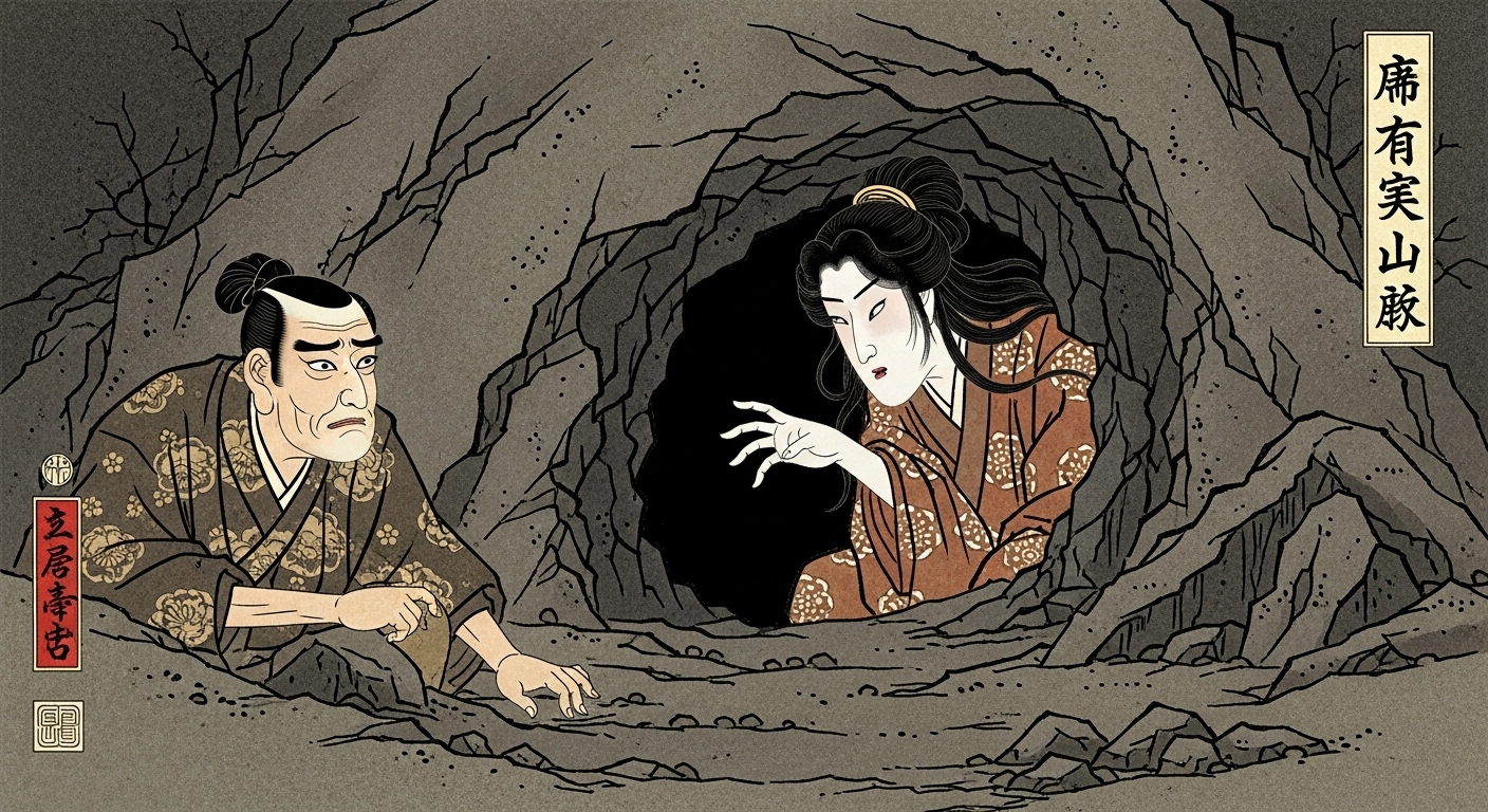 黄泉比良坂。巨大な岩で塞がれた洞窟の入り口。岩のこちら側（地上）には、疲れ果てた表情のイザナギ（古代の日本人男性）。岩の向こう側（黄泉の国）の闇からは、恨めしそうな女性の手が伸びている。生と死が分かたれた決定的な瞬間を描いたダイナミックな一枚