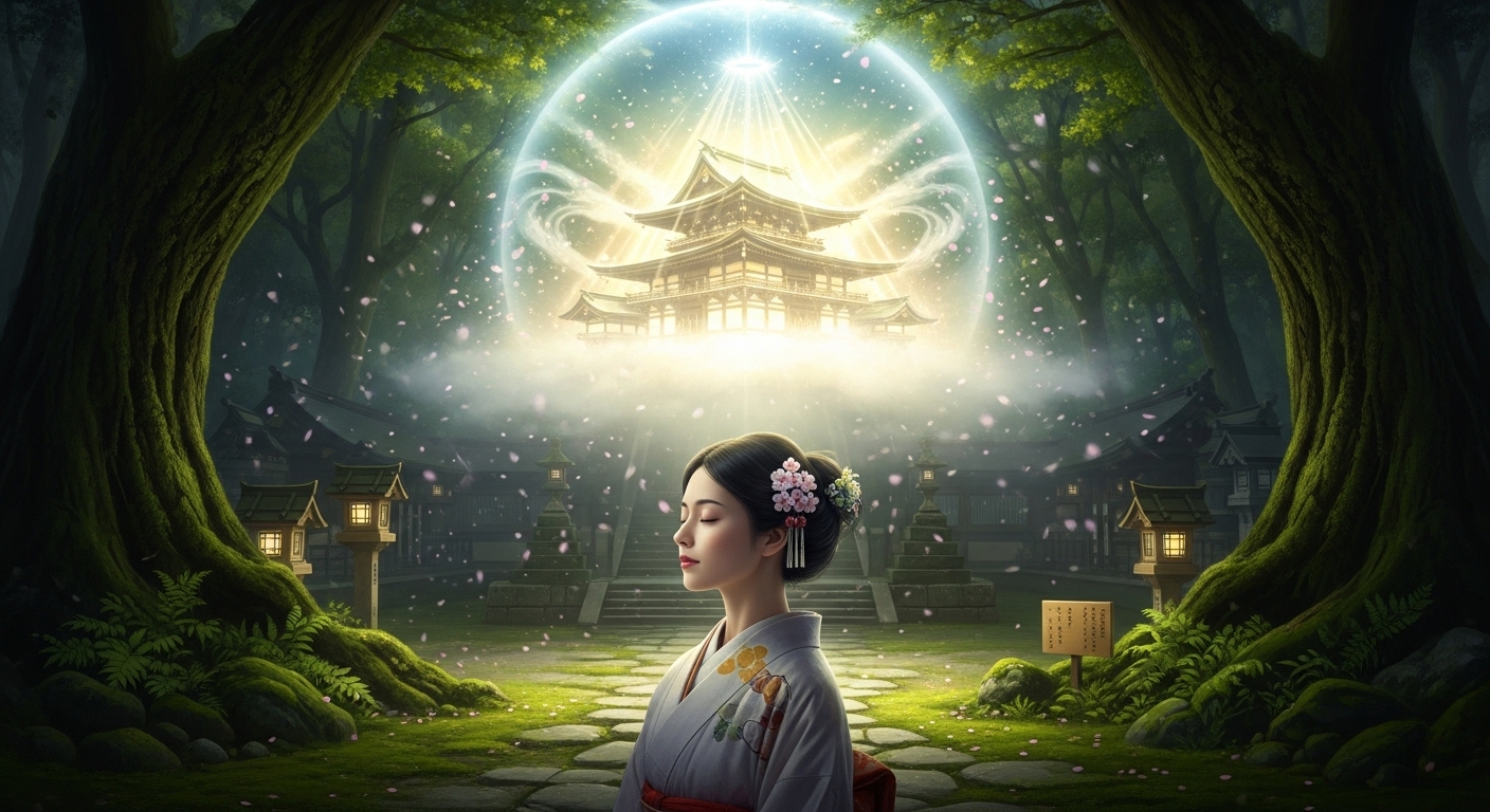 穏やかな表情の日本人女性が、緑豊かな神社の境内で静かに目を閉じている。彼女の頭上には、日本の神殿が浮かぶ神々しい光の世界がオーラのようにうっすらと重なって見える、スピリチュアルな繋がりを表現したイメージ