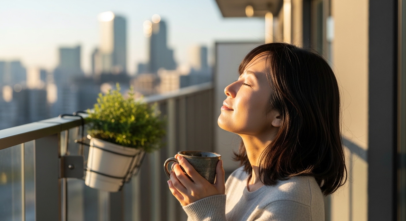 都会のベランダ。朝日を浴びながら、マグカップを片手に空を見上げている日本人女性。その表情はとても穏やかで、希望に満ちている。日常の中に神聖さを見出している、というコンセプト