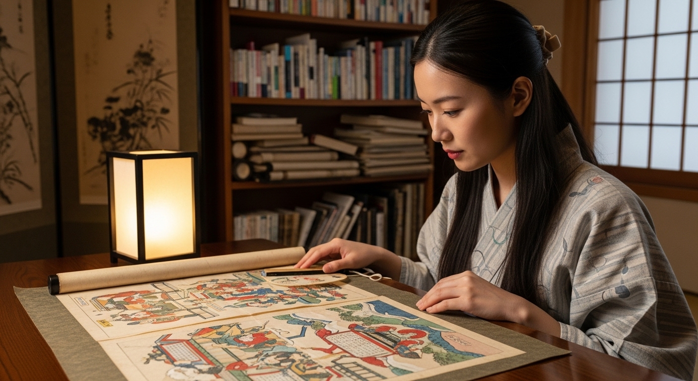 古事記の絵巻物を読む日本人女性