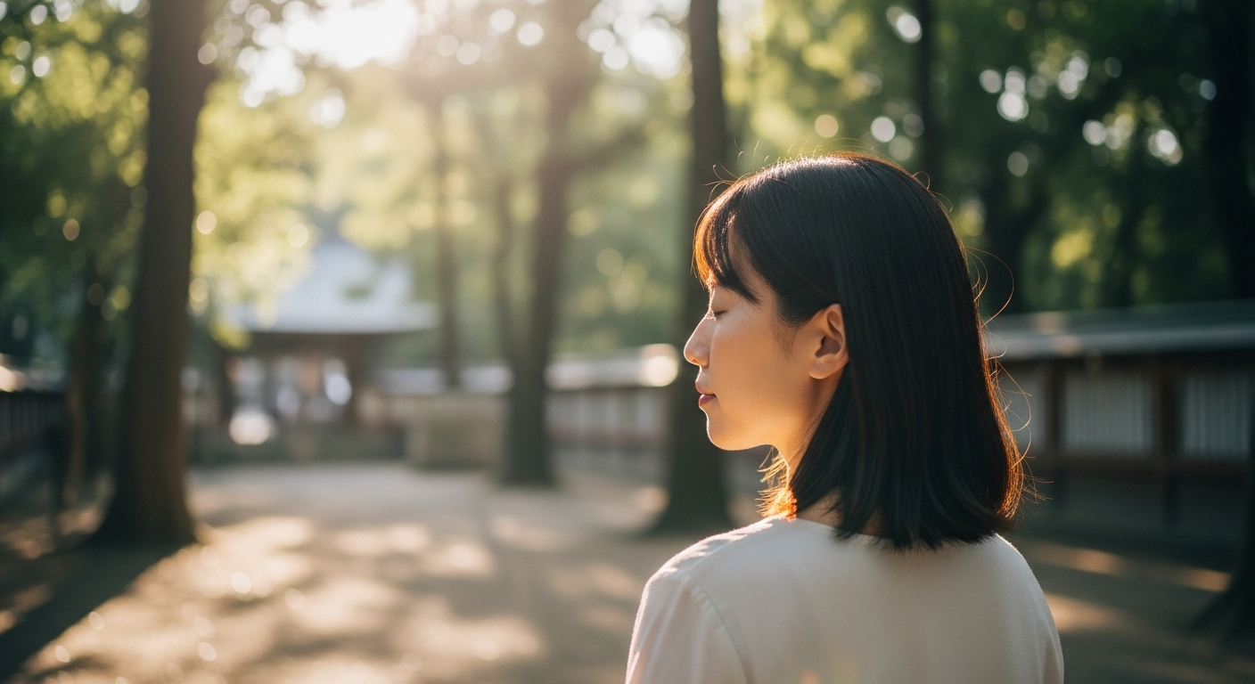 神社の境内で瞑想する日本人女性