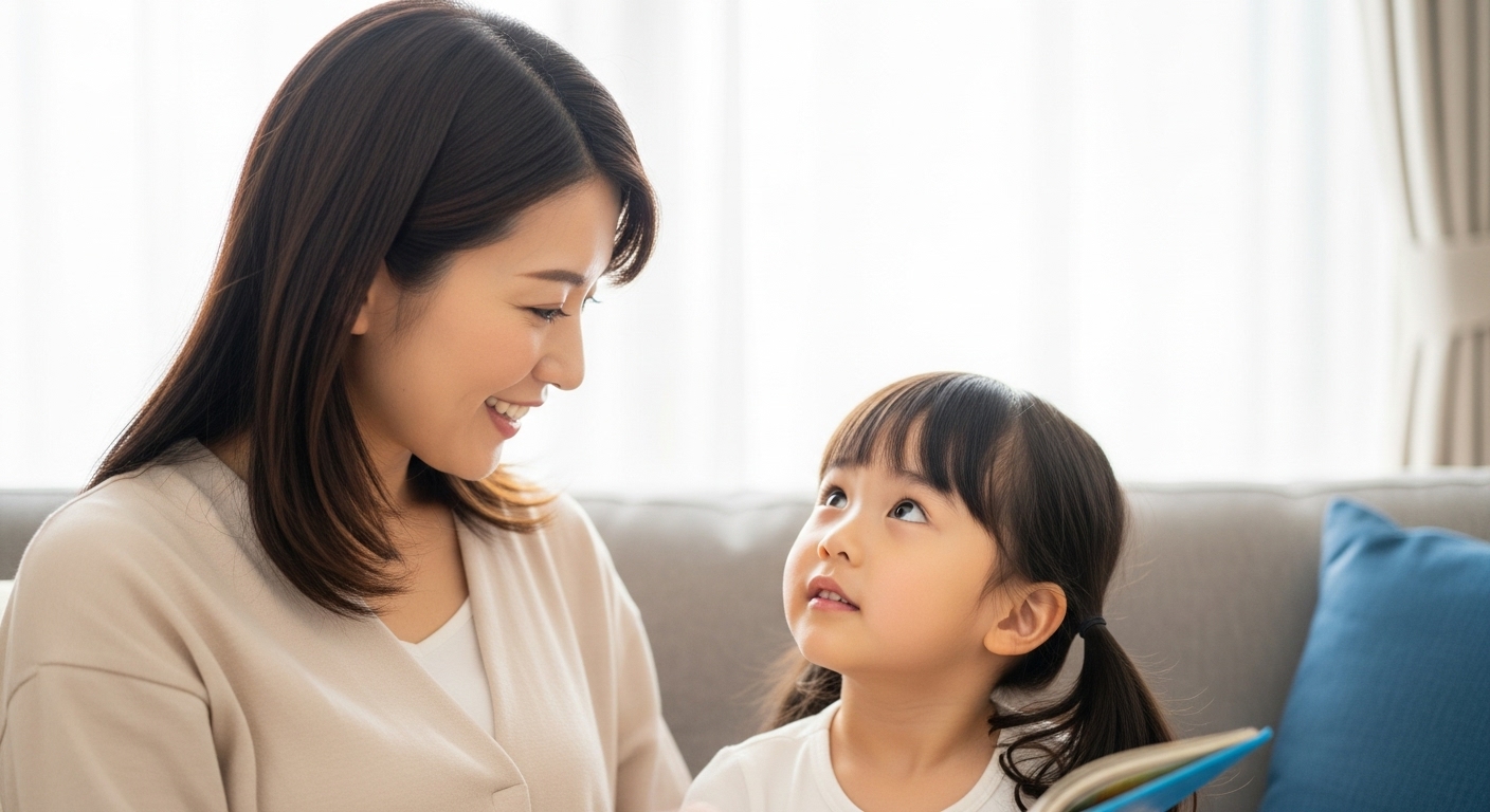 リビングのソファで、優しい笑顔の日本人のお母さんが、小さな子供（5歳くらいの男の子か女の子）を膝の上に乗せて、楽しそうに何かを語り聞かせている。子供は「なあに？」とでも言うように、キラキラした目で母親の顔を純粋な表情で見上げている。親子の愛情と、物語が始まる前のワクワクするような温かい瞬間を、柔らかい自然光が差し込む明るい雰囲気で、高品質で写真のようにリアルなスタイルで表現してください。