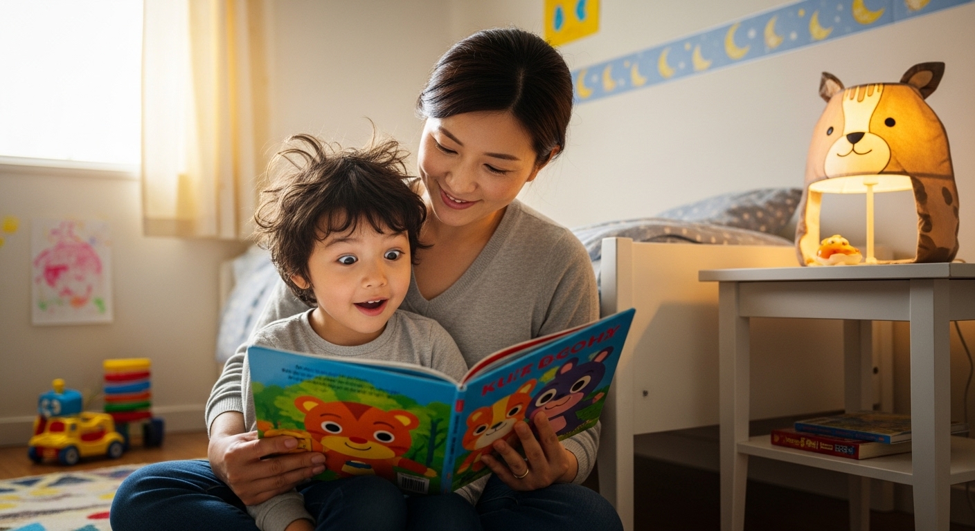 子供に絵本を読み聞かせるお母さん