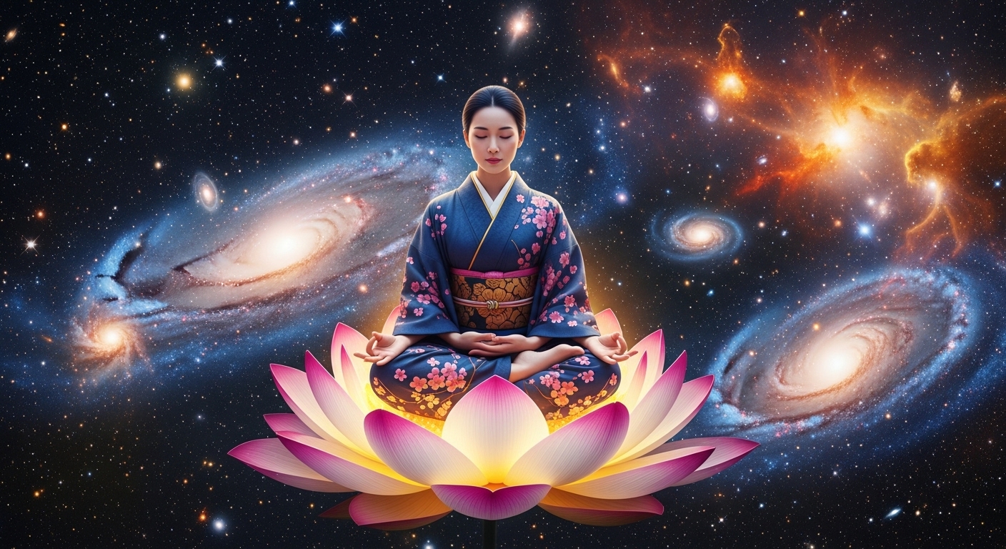 宇宙空間で瞑想する日本人女性