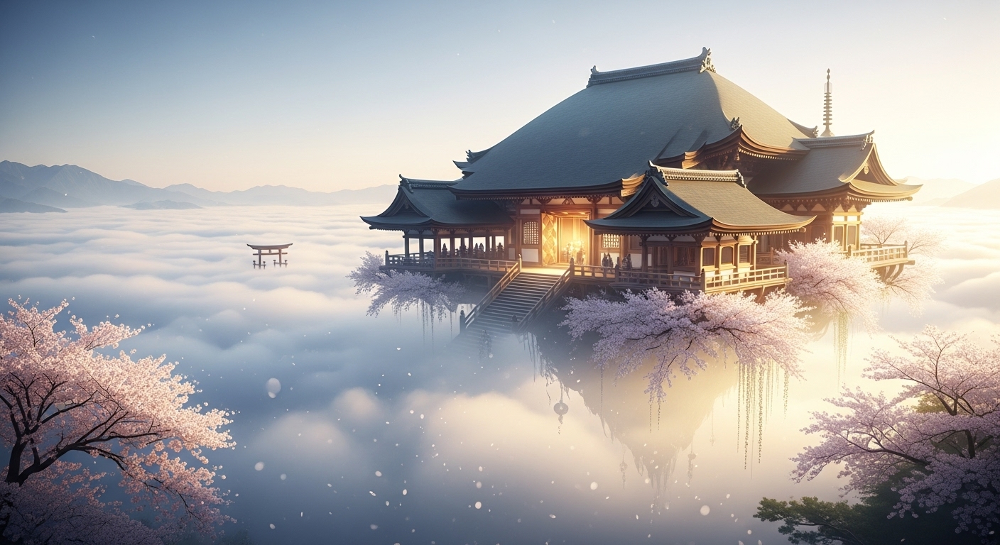 壮大で美しい雲海の上に、日本の神殿のような建物がうっすらと浮かんでいる幻想的な風景。柔らかな光が全体を包み込み、神聖さと安らぎを感じさせるイメージ
