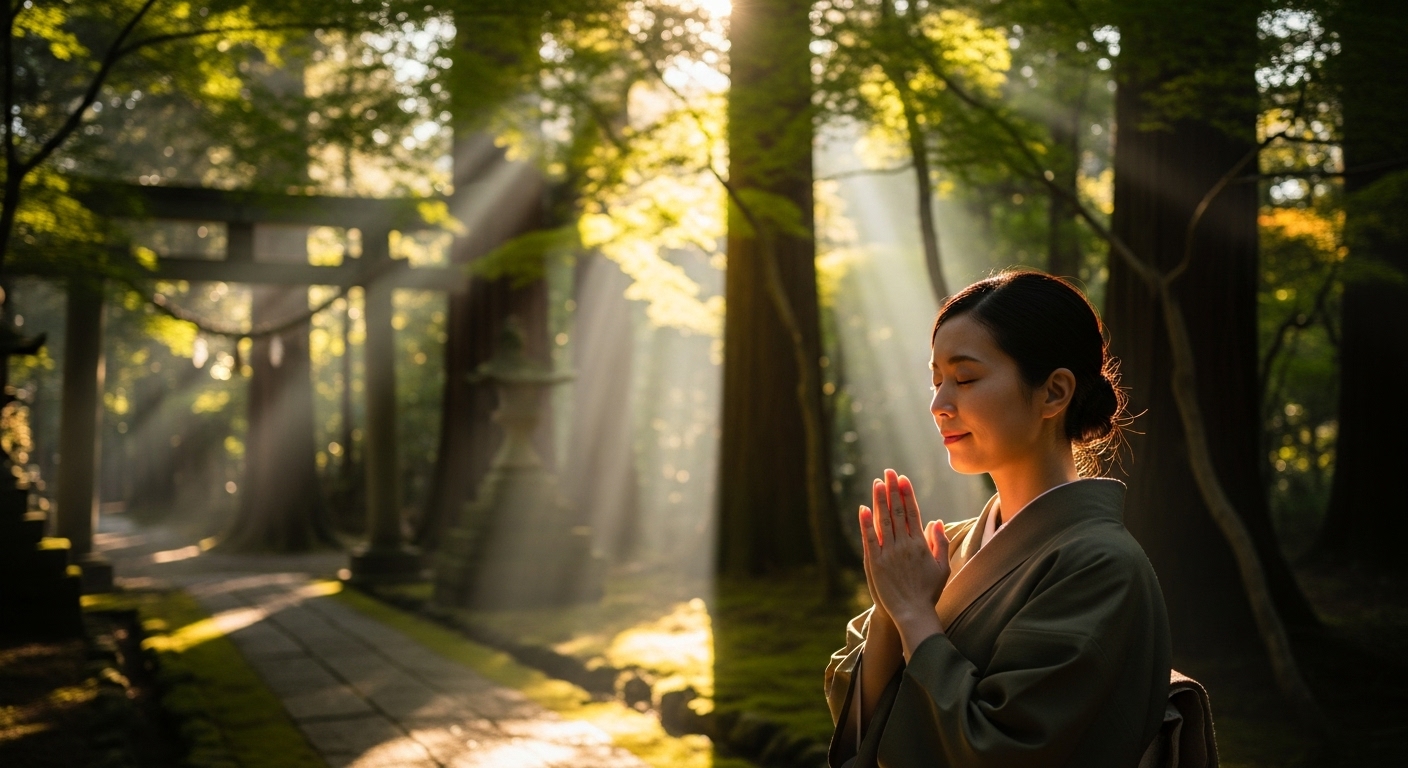 神社の境内。木漏れ日がキラキラと差し込む中で、一人の日本人女性が静かに目を閉じて、柏手を打っている。穏やかで感謝に満ちた表情