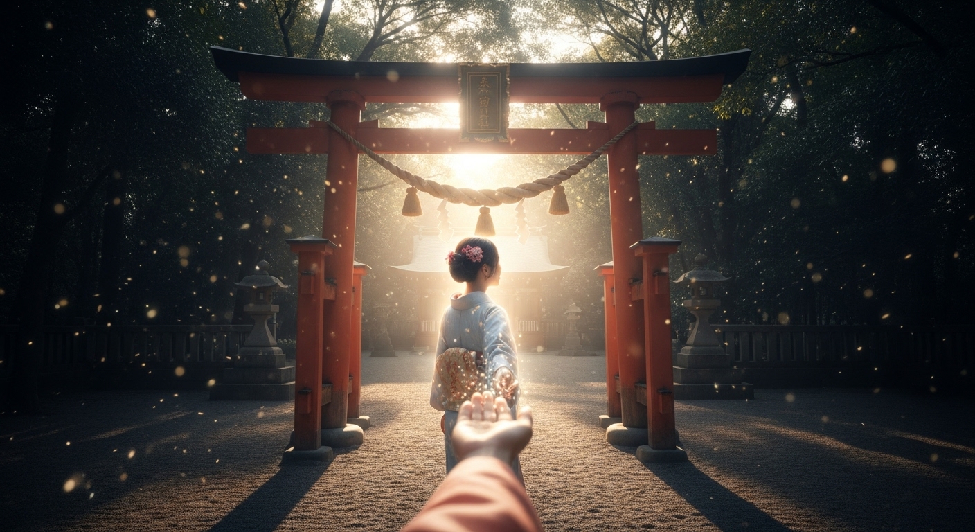 神秘的な朝焼けの光が差し込む、静かで美しい日本の神社の境内。鳥居の向こう側から、優しい光を放つ着物姿の美しい日本人女性が、こちらにそっと手を差し伸べている。女性の表情は穏やかで、希望と安心感に満ち溢れている。背景には、神聖な空気感を高めるために、光の粒子がキラキラと舞っている様子を描写する。全体的に、ファンタジーと現実が融合したような、幻想的で美しいスタイルで。写真のようにリアルでありながらも、どこか神々しい雰囲気を強調してください。
