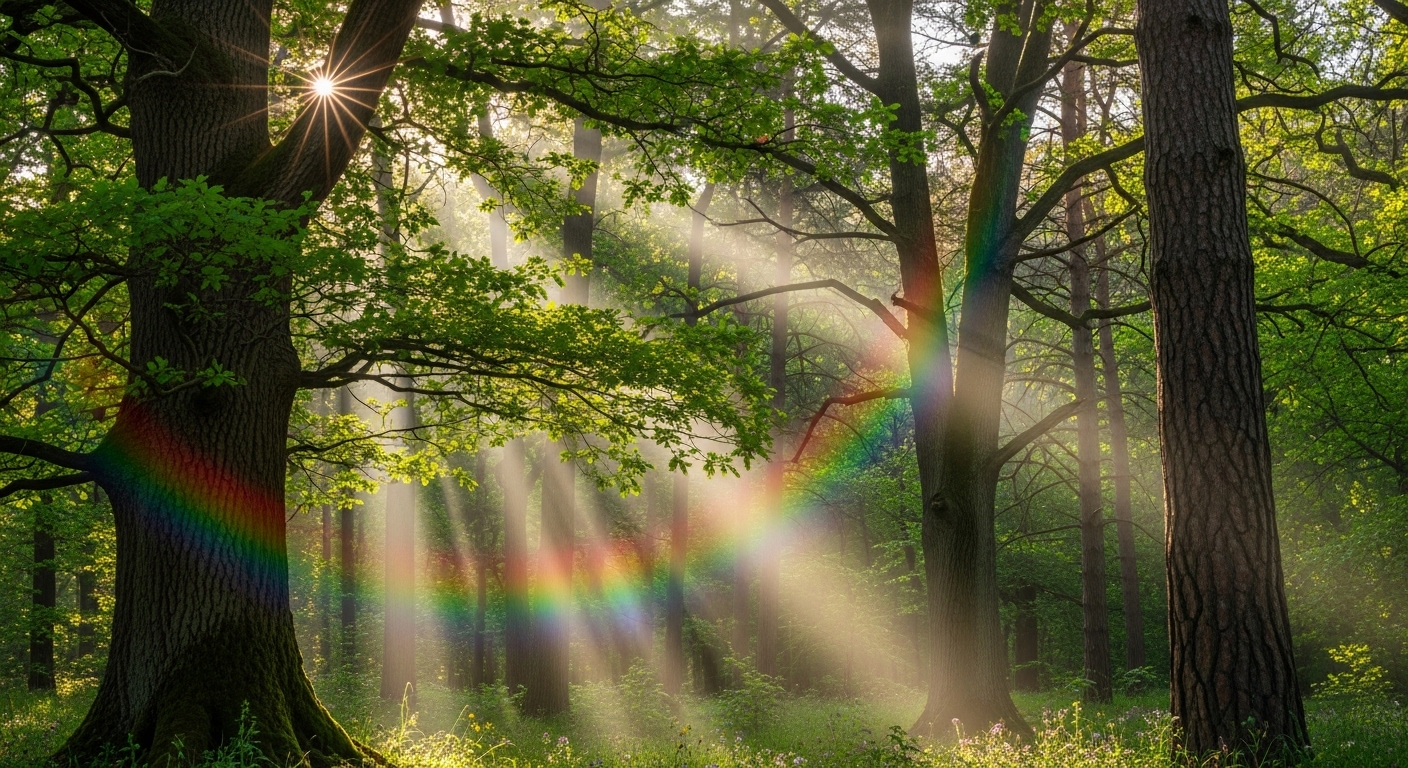 木漏れ日の中、優しく差し込む太陽の光と虹色の光線