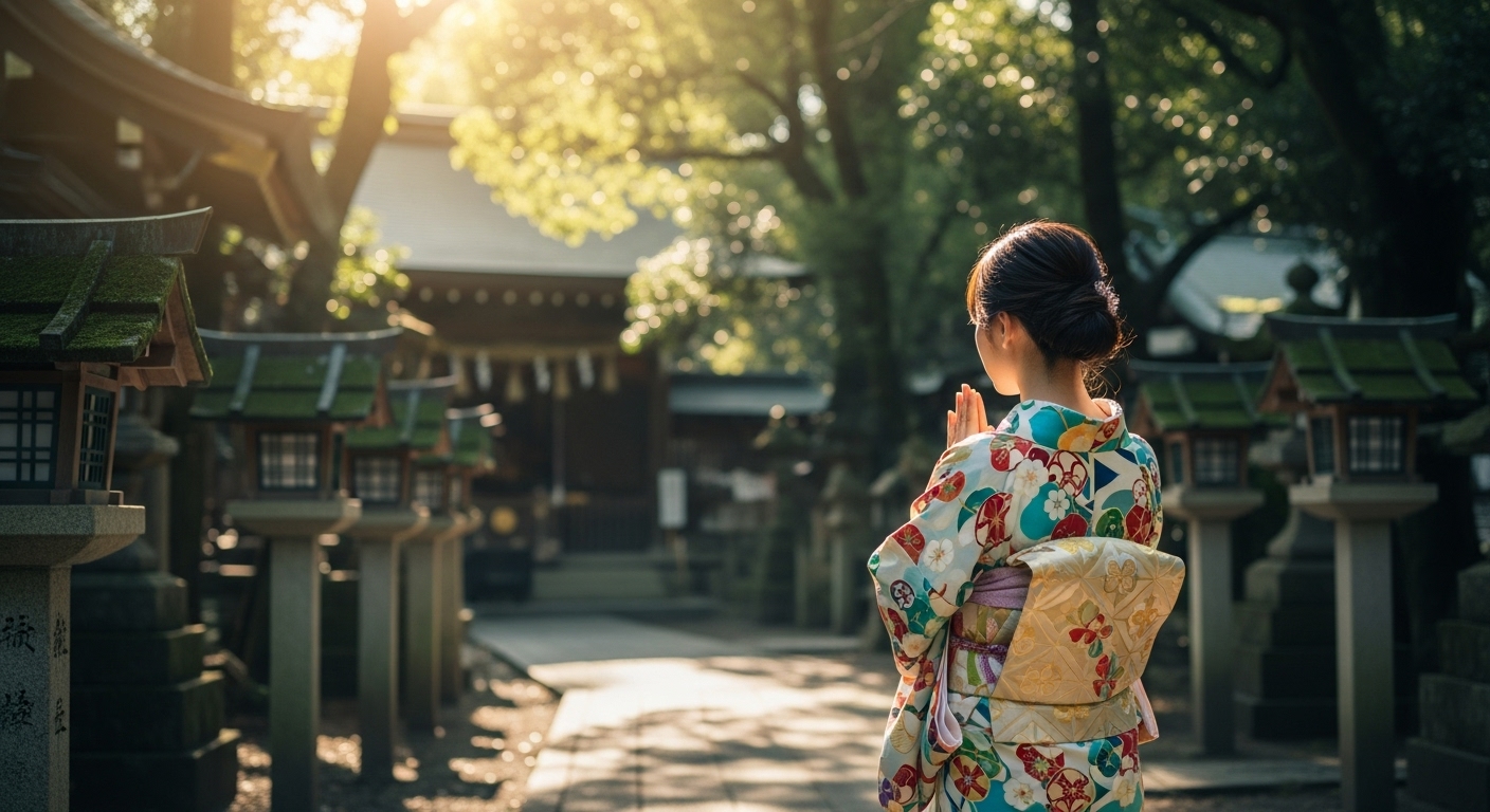 静かな神社の木漏れ日の中で祈る女性