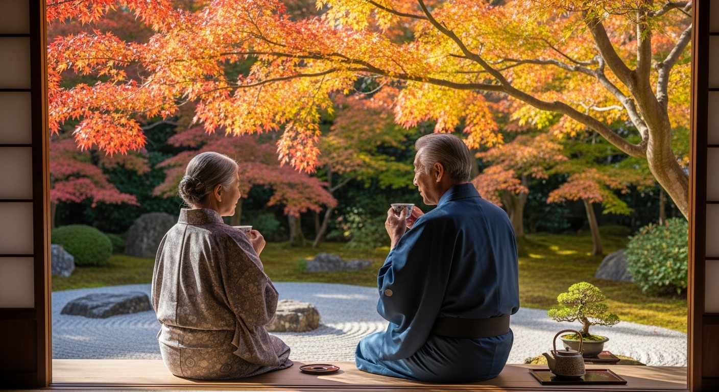 縁側で庭を眺める初老の日本人夫婦