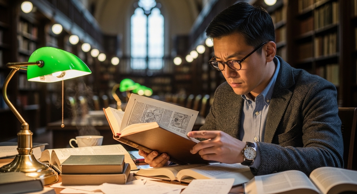 書斎で分厚い本を読む日本人男性