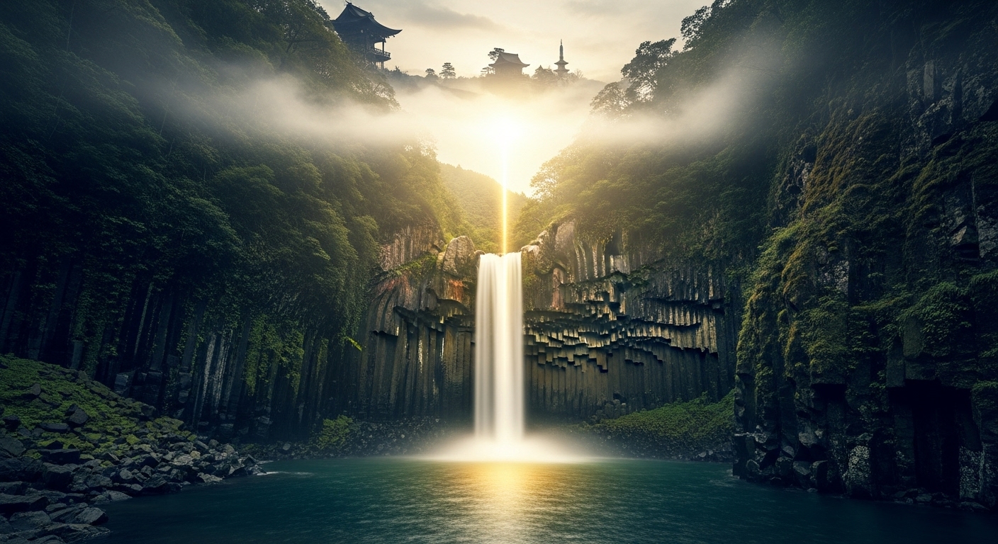 神秘的な雰囲気が漂う高千穂峡の真名井の滝。その上空の雲間から、日本の神話に出てくる高天原の神殿がうっすらと姿を現し、一筋の神々しい光が滝壺へと降り注いでいる。天上の世界と地上の聖地が、光によって繋がっている様子を幻想的かつ壮大に描く。