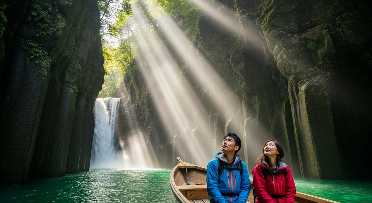 宮崎県高千穂峡の真名井の滝。神秘的なエメラルドグリーンの水面と荘厳な崖に囲まれた風景。ボートに乗った日本人カップルが、その神々しい光景に感動している様子。自然そのものが神聖なエネルギーを放っているイメージ