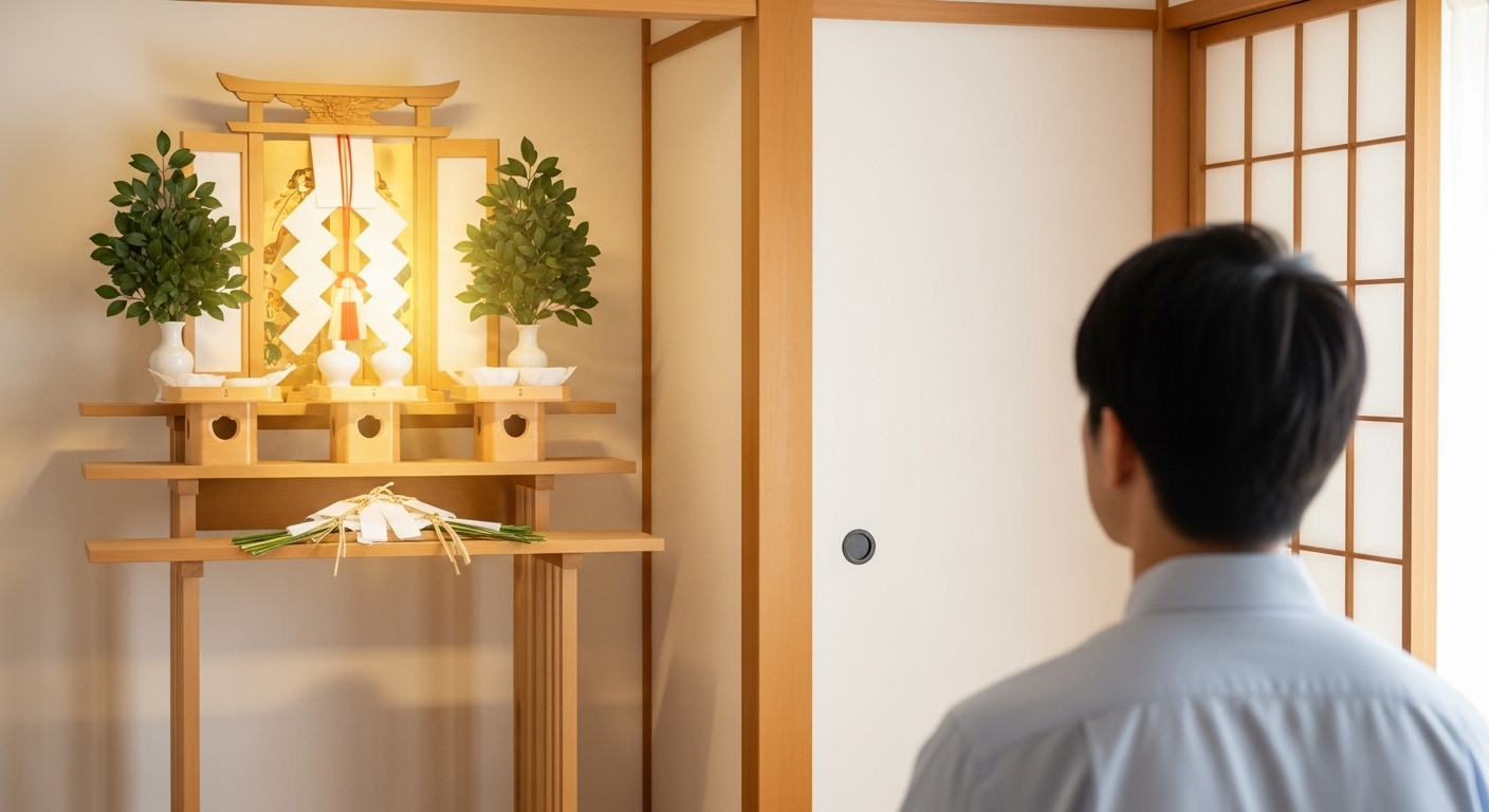 日本の家庭の清浄な和室に置かれた美しい神棚。その神棚から、まるでオーラのように神々しい金色の光が柔らかく放たれている。手前には、その光景を敬意に満ちた穏やかな表情で見つめる、40代の日本人男性の後ろ姿。日常空間と神聖な世界が繋がっていることを示す、スピリチュアルで温かいイメージ