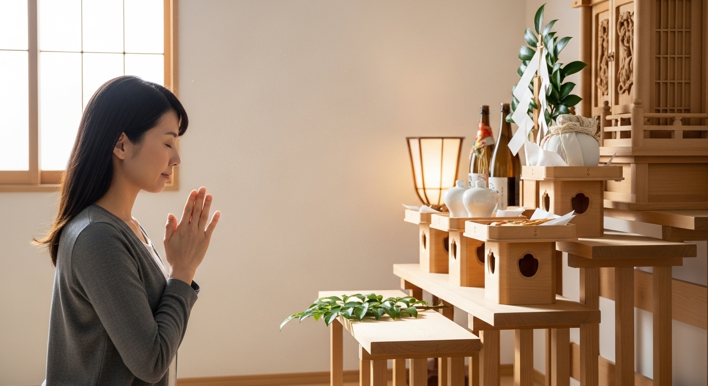 朝の光が差し込む、清潔で明るい和室。壁には美しい木目の神棚が設置されている。神棚の前で、30代の日本人女性が目を閉じ、静かに手を合わせている。その表情は穏やかで、感謝と敬意に満ちている