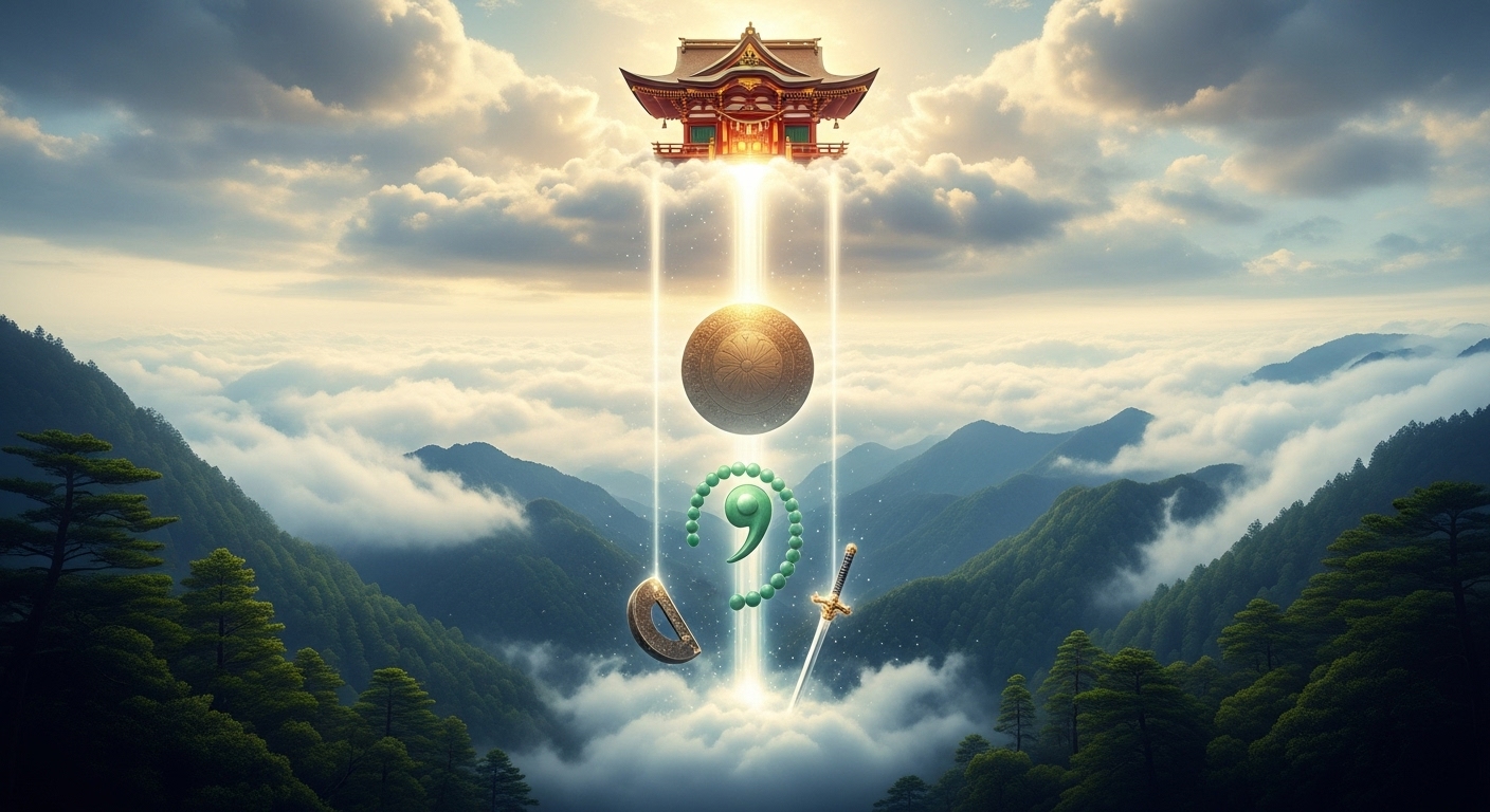 雲の上に広がる光り輝く日本の神殿（高天原）から、一筋の強い光が、地上の緑豊かな山々（高千穂）に向かって降り注いでいる。その光の中を、神聖な鏡・勾玉・剣（三種の神器）がゆっくりと降下している様子を幻想的かつ壮大に描く。日本の神話の始まりを象徴するイメージ