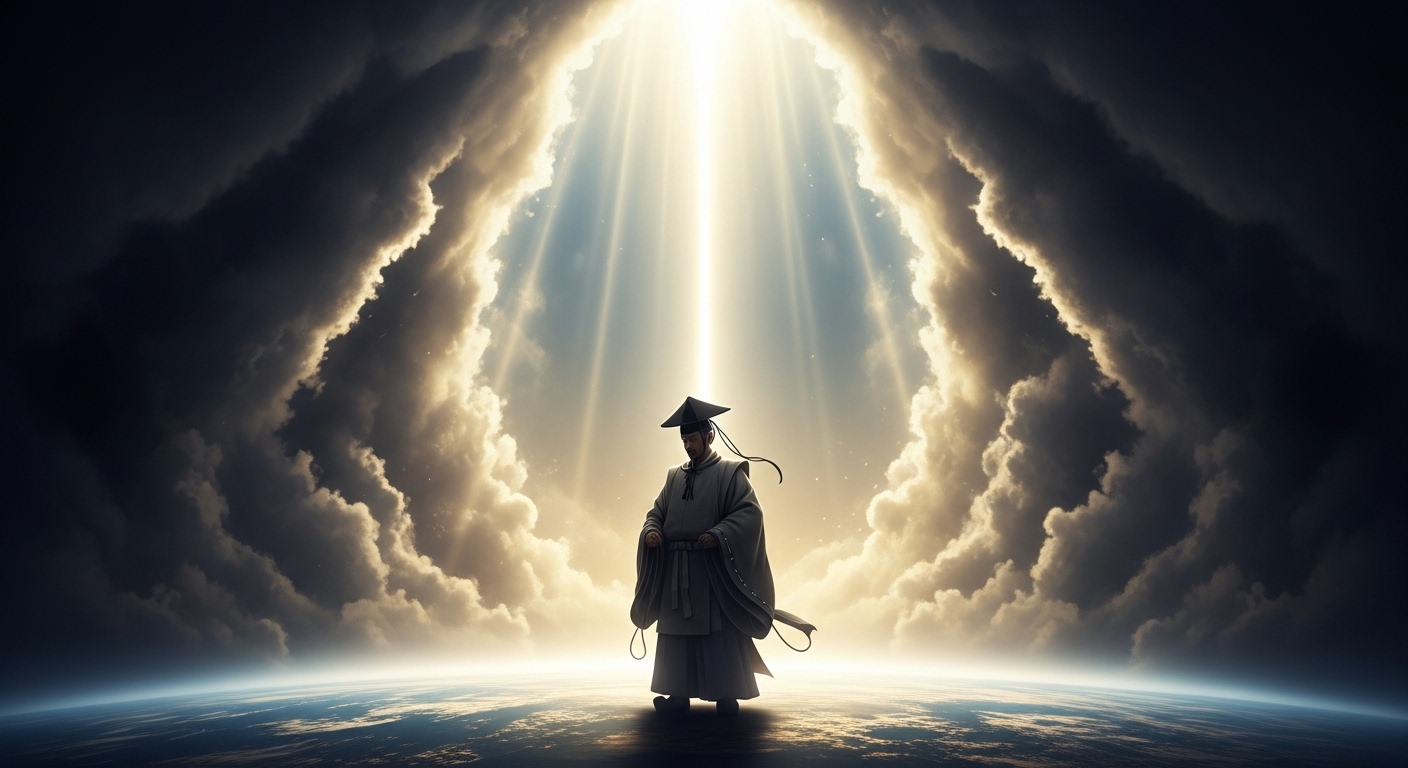雲の切れ間から、神々しい光が地上に向かってまっすぐに差し込んでいる。光の中には、古代の装束をまとった凛々しい日本人男性（ニニギノミコト）のシルエットが、何かを決意したように地上を見下ろしている神秘的なイメージ