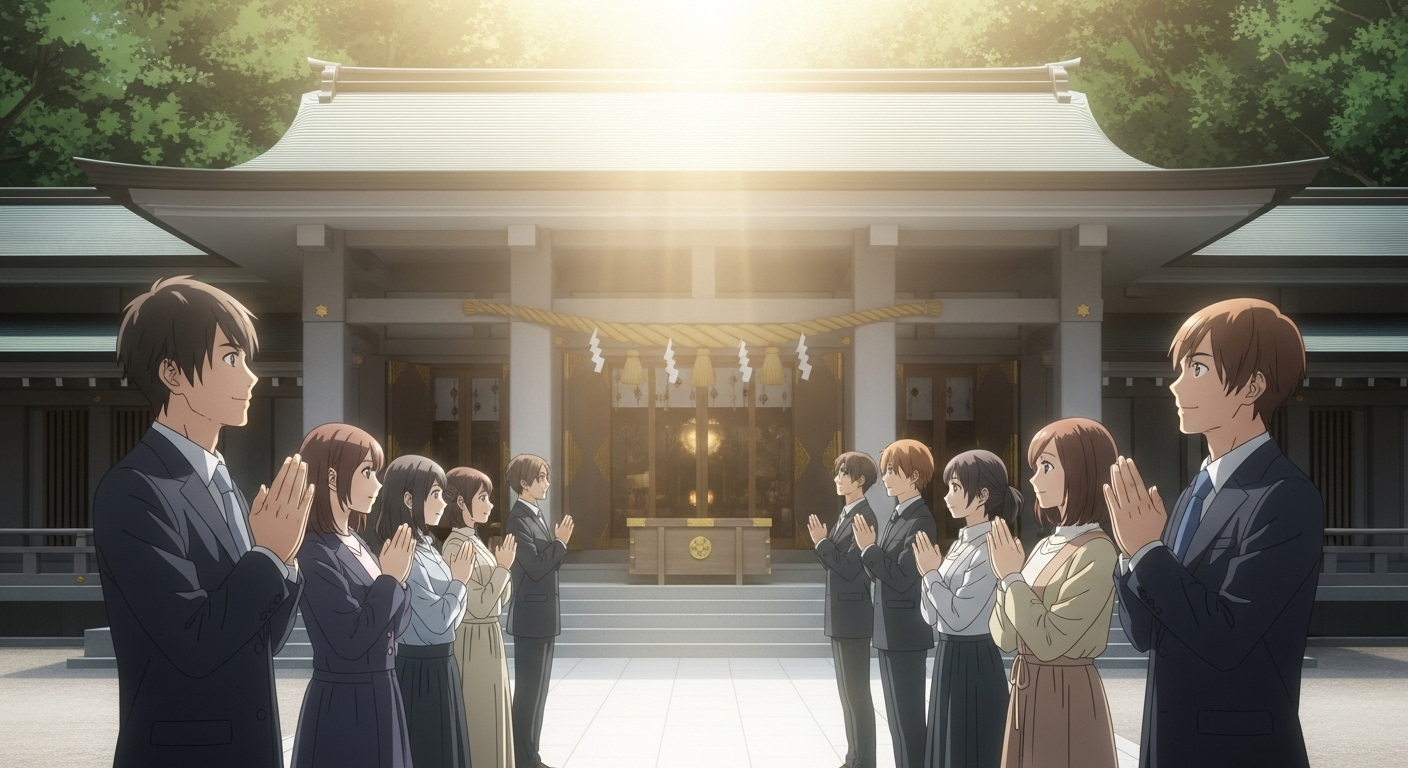 現代の神社。若い日本人の男女が、晴れやかな表情で本殿に向かって手を合わせている。彼らの背後から、高天原を思わせるような柔らかく神々しい光が差し込んでいるイメージ