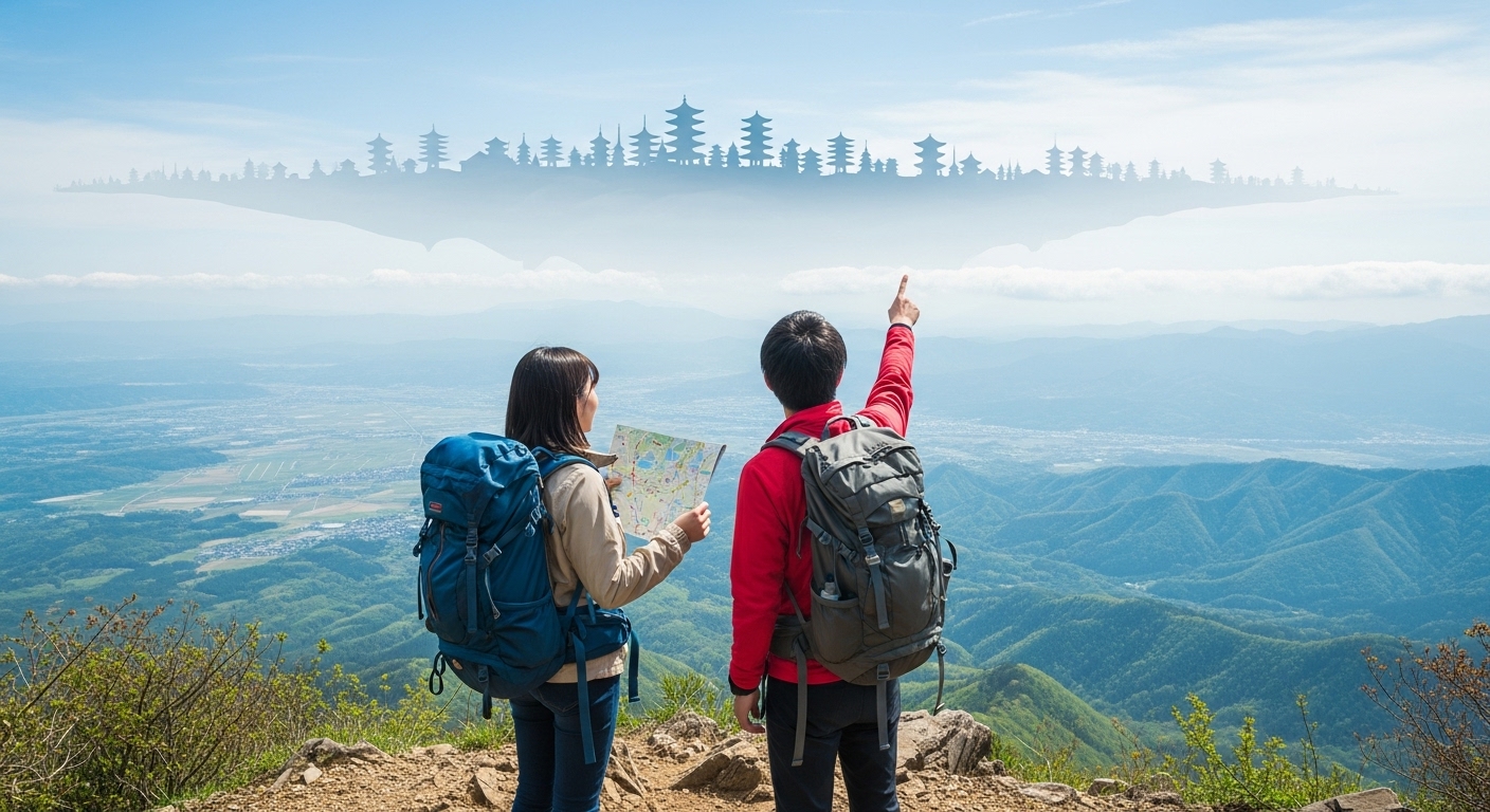 日本の若いバックパッカー（日本人、男女ペア）が、宮崎県高千穂の山頂に立ち、壮大な景色を見下ろしている。彼らが見ている地図には「高千穂」と書かれているが、空を見上げると、雲の上に神々しい日本の神殿が立ち並ぶ「高天原」の世界がうっすらと幻想的に描かれている。地上（現実のツアー）と天上（神話の世界）への憧れが繋がるイメージ。