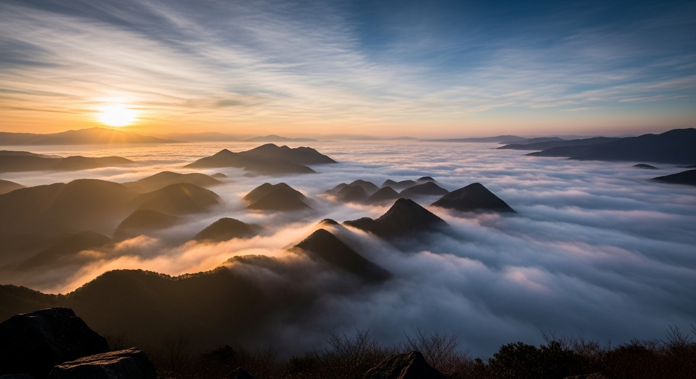 宮崎県高千穂の「国見ヶ丘」から見た幻想的な雲海。雲海の中から山々の頂が島のように浮かび、朝日が差し込んでいる。その光景はまさに天上の世界(高天原)を彷彿とさせる神秘的な風景