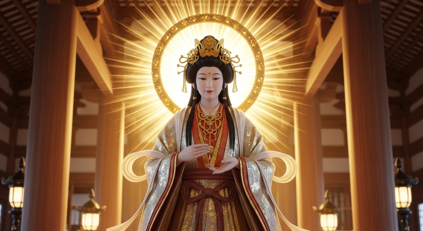 高天原の神殿の中心で、光り輝く衣をまとった慈愛に満ちた表情の美しい日本人女性（天照大御神）が、地上を優しく見守っている。彼女の周りには神々しい光が満ち溢れ、暖かさと生命力を感じさせる荘厳なイメージ