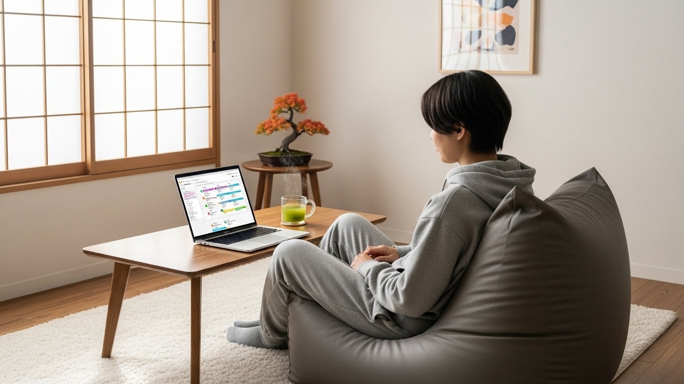 部屋でリラックスしながらPCを見ている日本人の様子。ストレスフリーな在宅ワークのイメージ