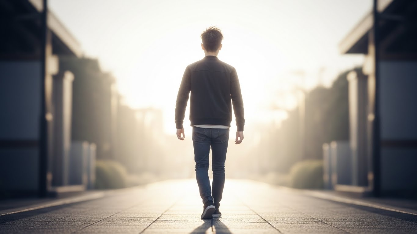 迷いを捨てて、新しい一歩を踏み出す日本人の若者の後ろ姿。光に向かって歩いているイメージ