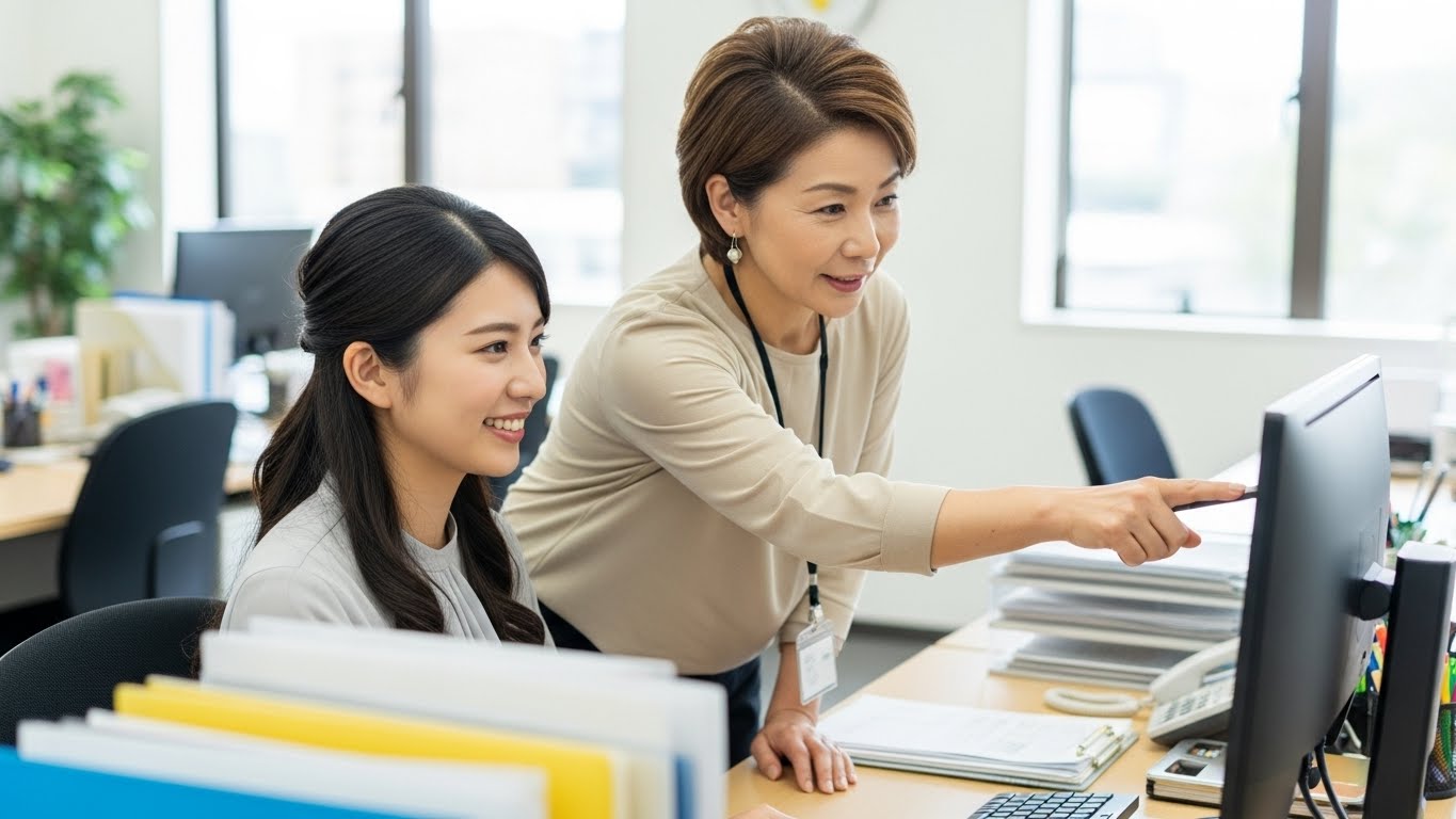 明るいオフィスで先輩社員に笑顔で仕事を教わっている20代日本人女性の様子