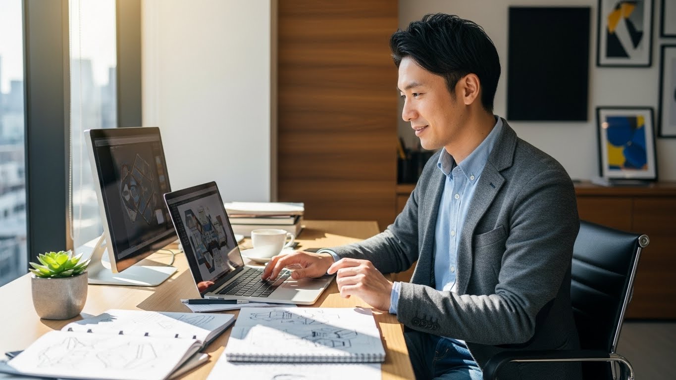 自信を取り戻し、オフィスカジュアルな服装でPCに向かって知的生産活動をしている日本人の様子