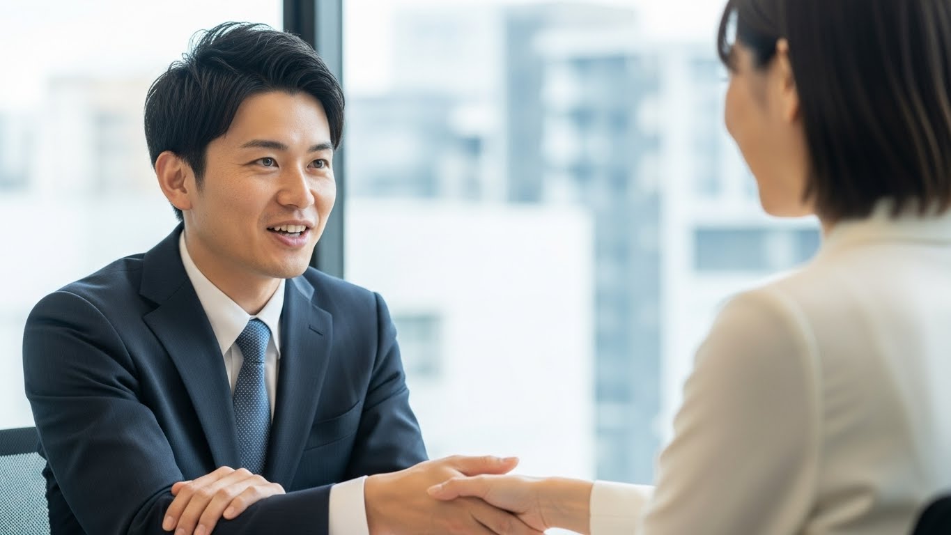 自信を持って面接官と話している日本人の様子。笑顔で握手をしているシーン