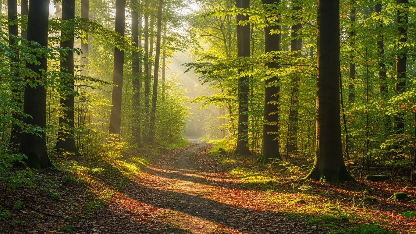 光が差し込む森の小道のイメージ