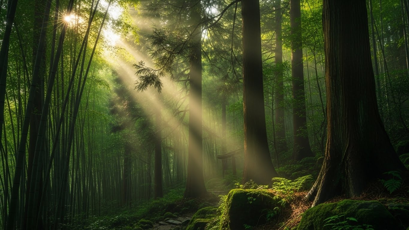 朝の光が差し込む静かな森の景色
