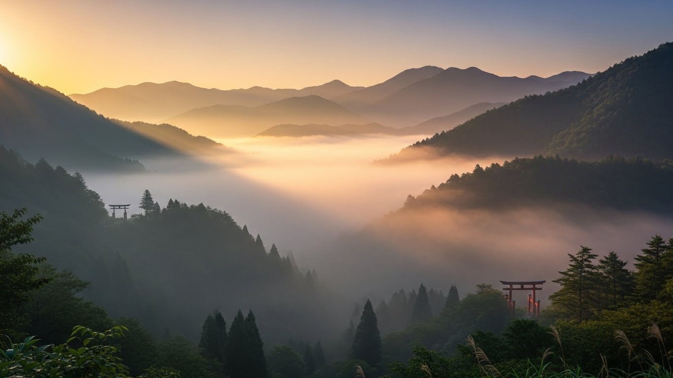 朝靄に包まれた神聖な山々の景色