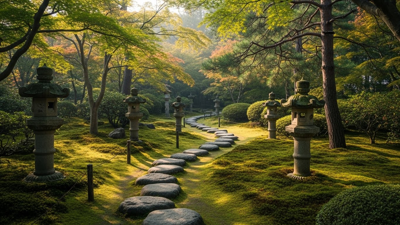 光が差し込む静かな日本庭園の小道