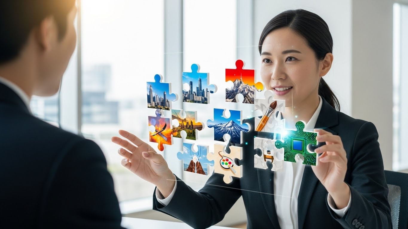 パズルのピースのような様々な経験を持った日本人が、面接官の前でそれらを組み合わせて魅力的に説明している様子