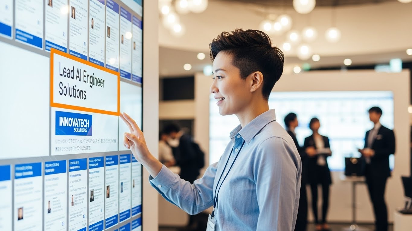 たくさんの求人票の中から、光り輝く「当たり」の求人を見つけ出し、安堵の表情を浮かべる日本人の様子