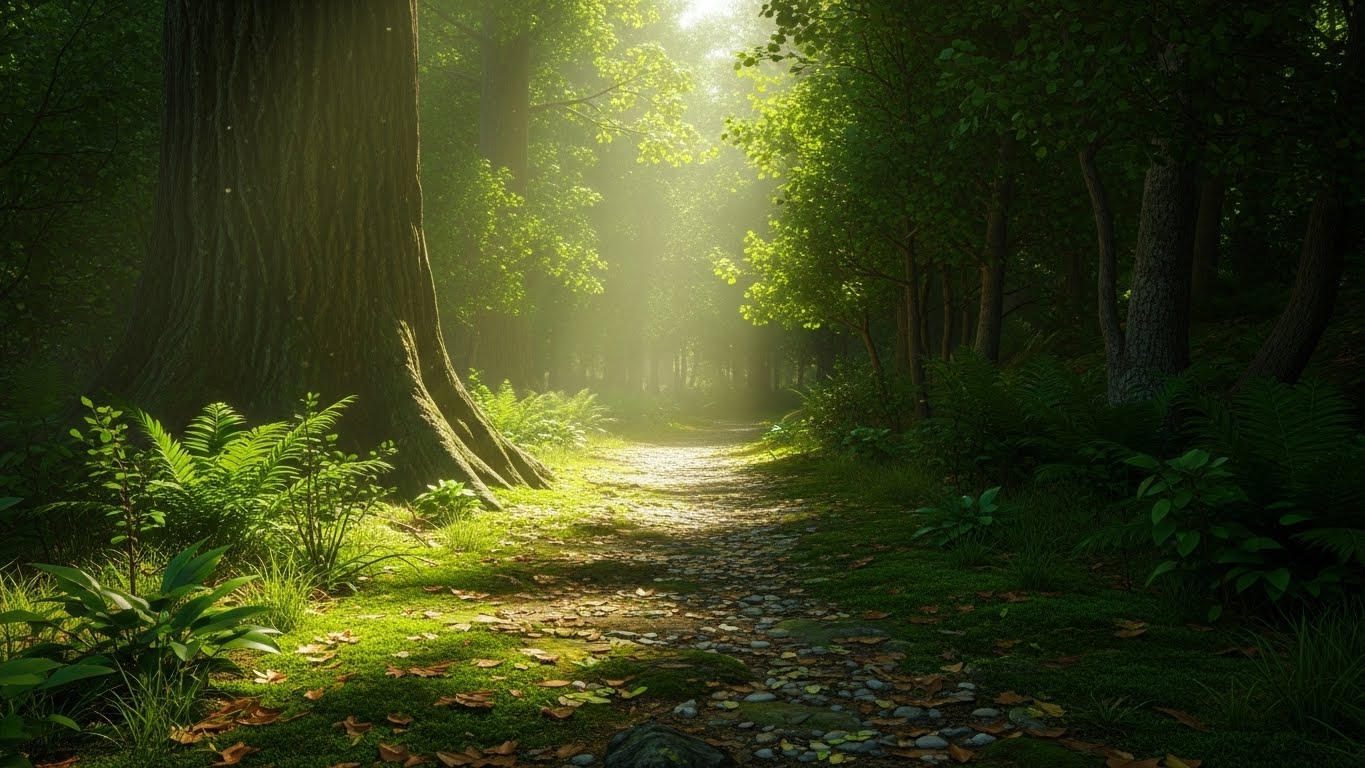 新しい道へと続く光の差し込む森の小道